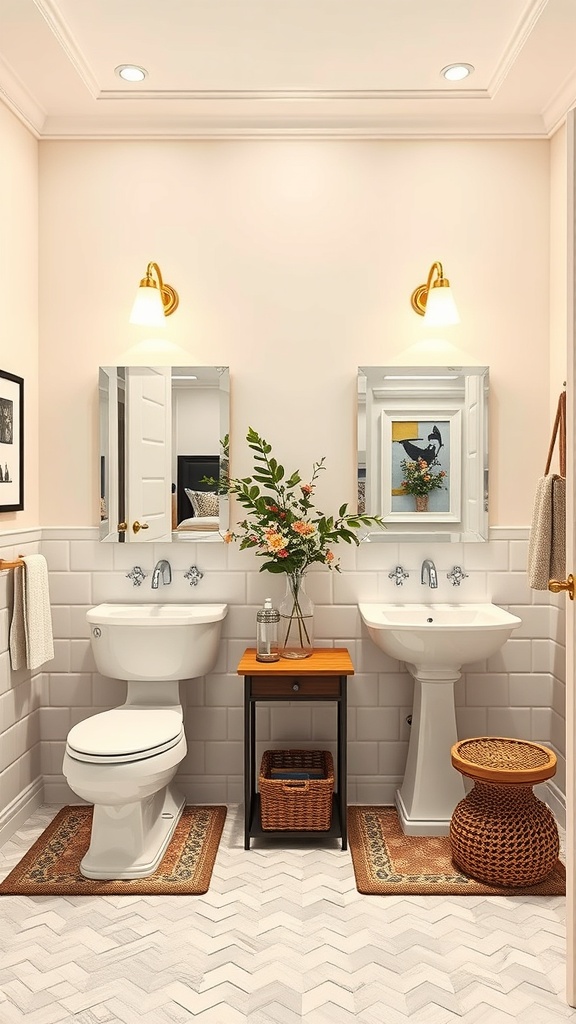 A beautifully designed Jack and Jill bathroom featuring two sinks, modern fixtures, and decorative elements.
