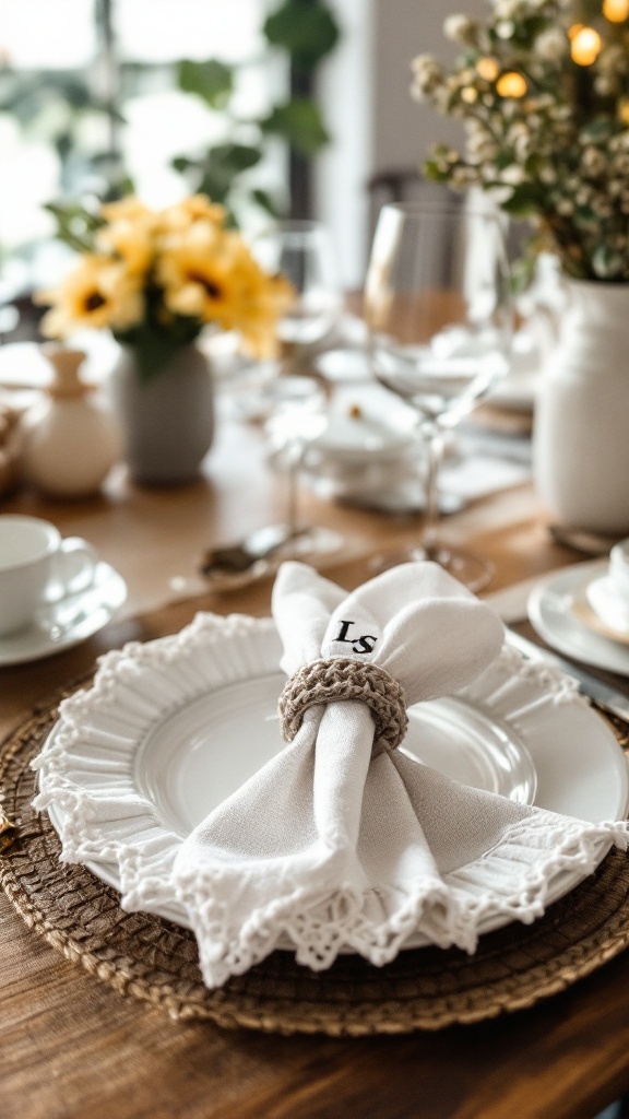 A beautifully set table with crochet napkin rings personalized with initials.