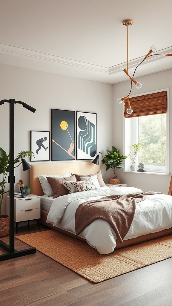 A cozy bedroom gym corner featuring artistic wall decor and plants