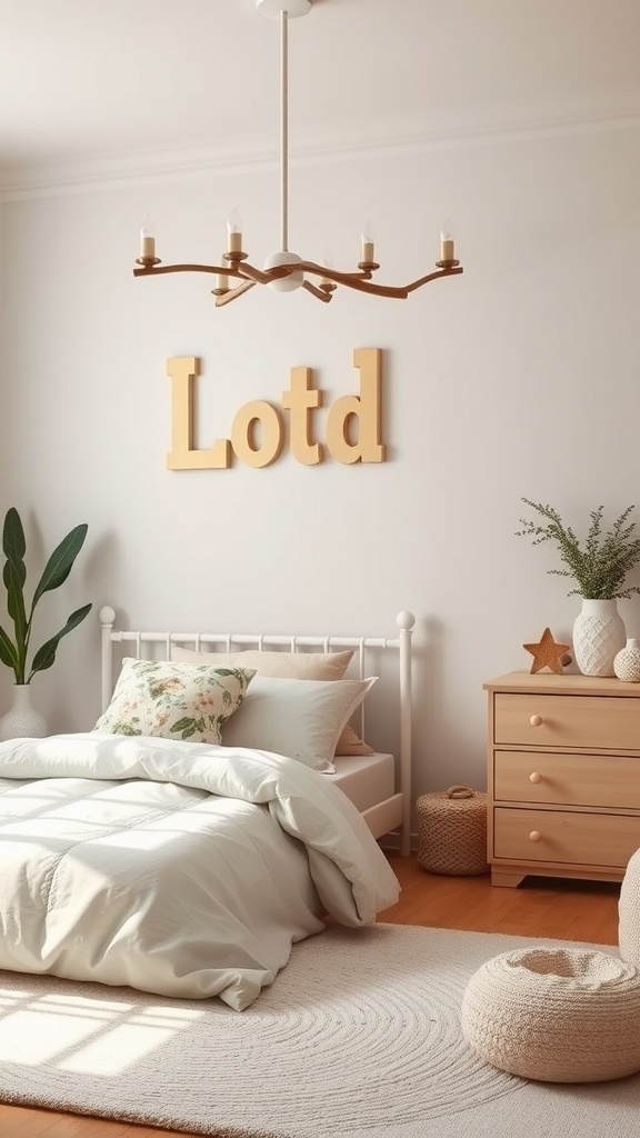 A cozy toddler bedroom featuring wooden name art on the wall, a simple bed, and natural decor.