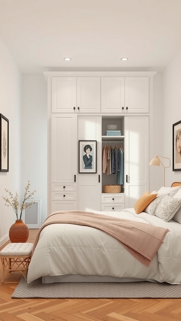 A small bedroom featuring a white wardrobe with framed artwork, a cozy bed, and decorative items.