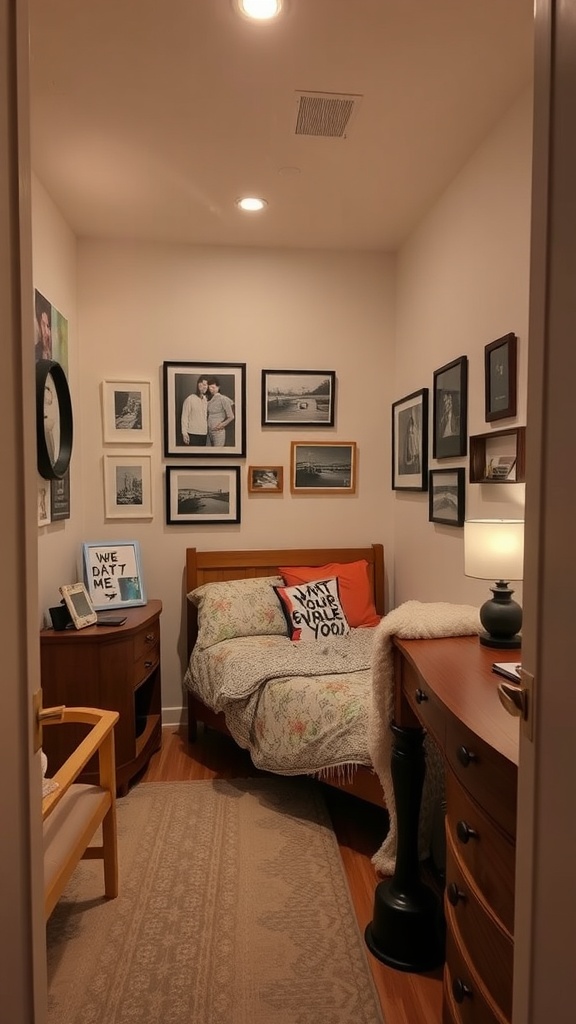 Small rectangular bedroom with a bed, framed photos on the wall, and a decorative pillow.