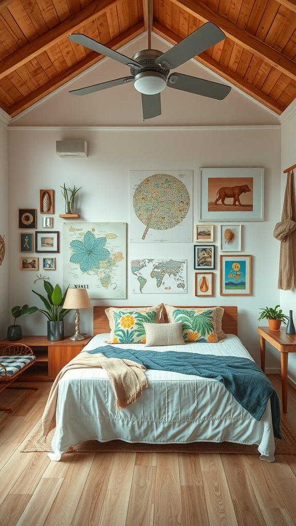 A tropical-themed bedroom with a wooden ceiling, decorated walls featuring maps and animal prints, and a cozy bed with colorful pillows.