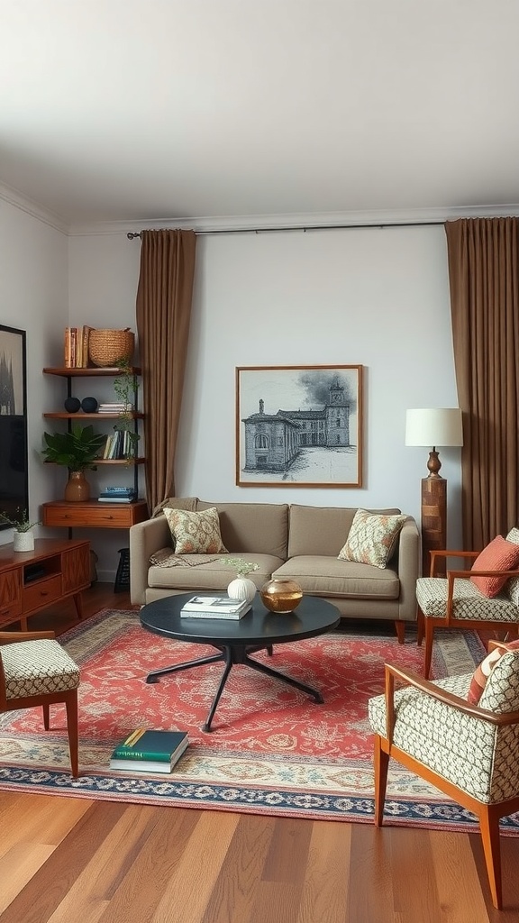A cozy living room featuring a round coffee table, patterned chairs, and a brow sofa with decorative pillows.