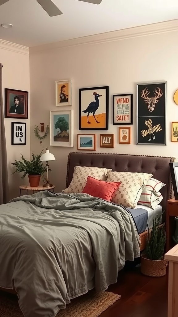 A cozy bedroom featuring a bed with soft bedding, surrounded by a gallery wall of colorful and eclectic wall art.