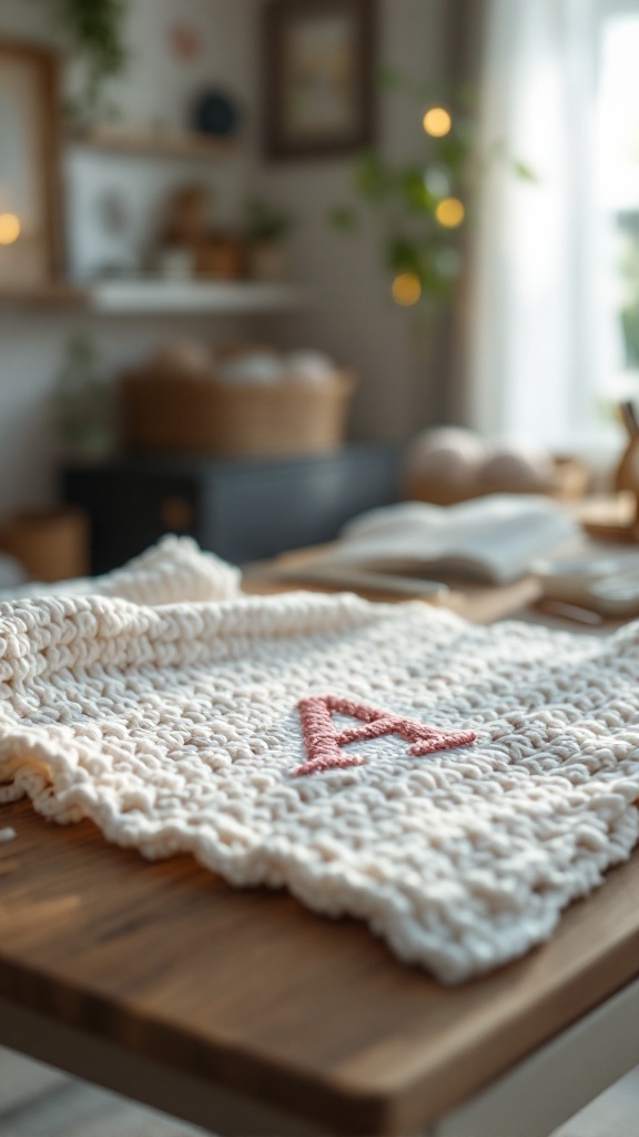 Crochet baby blanket with a pink letter 'A' on a wooden table