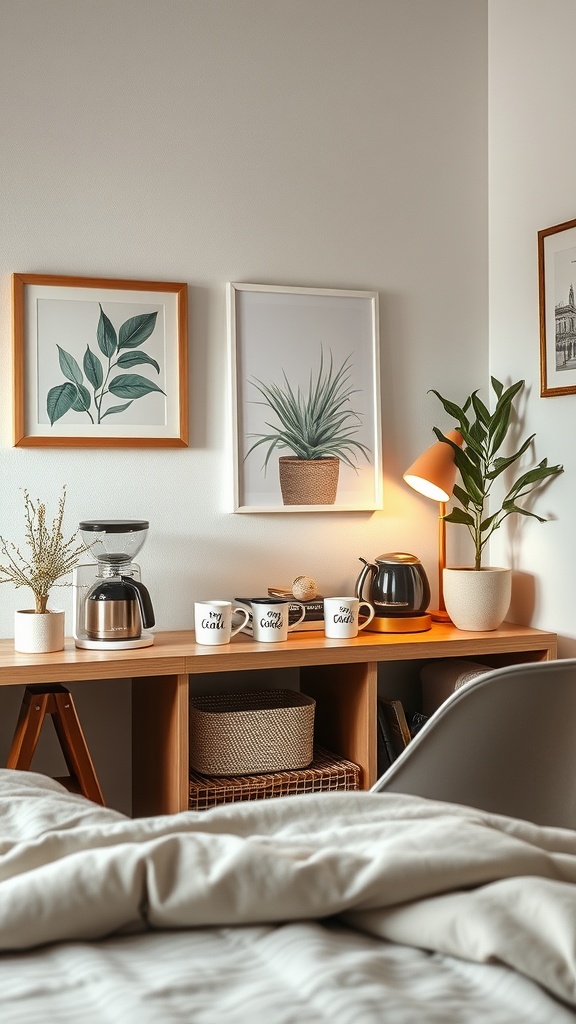 A cozy kitchen coffee station with a coffee maker, mugs, plants, and framed artwork.
