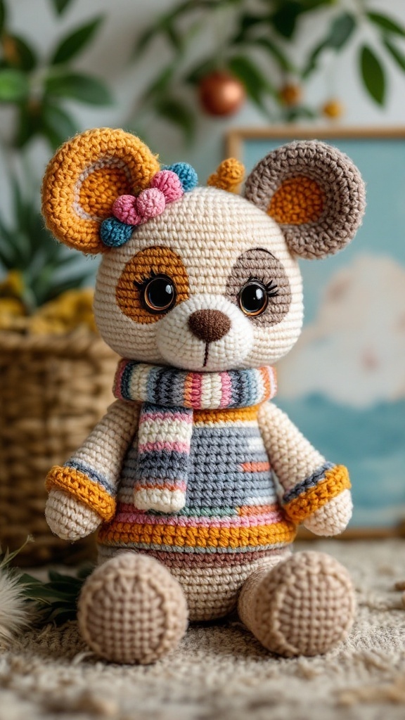 A cute crochet stuffed animal bear with colorful ears, a scarf, and flower accessories.