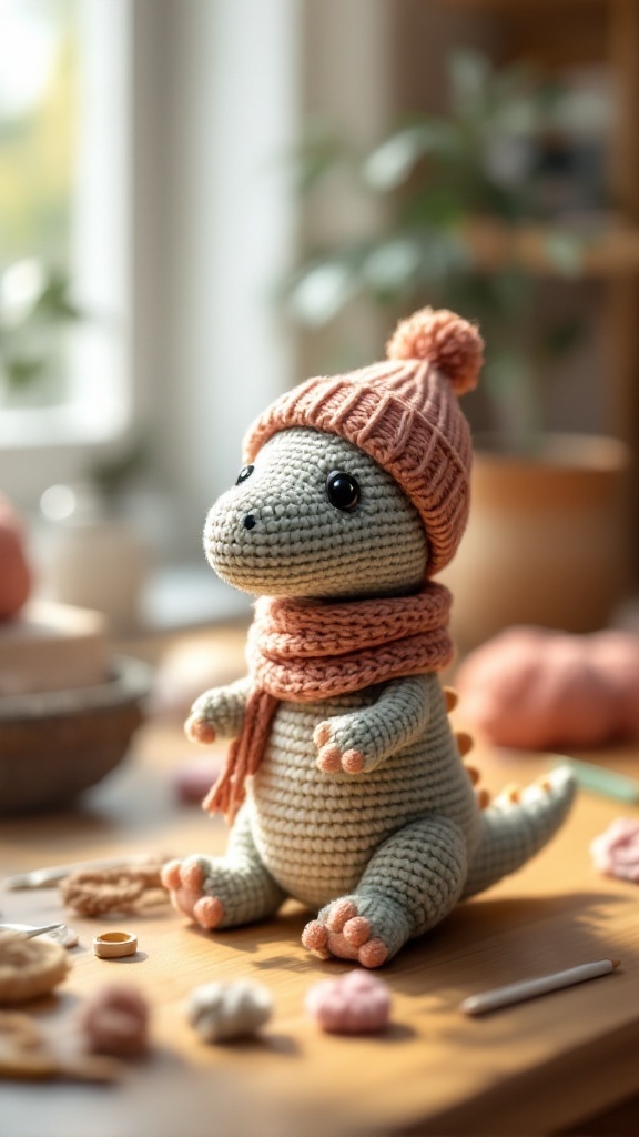 A cute crochet dinosaur wearing a knitted hat and scarf, surrounded by crafting materials.