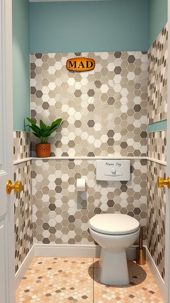 A cozy bathroom featuring penny tile flooring with hexagonal tiles, a blue wall, and playful decor.