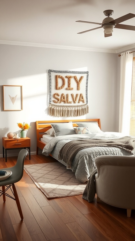 Cozy bedroom with a DIY wall hanging, wooden furniture, and soft textiles.