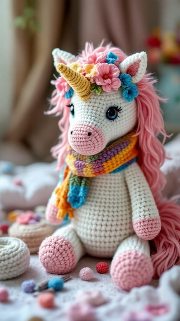 A crochet unicorn with a colorful scarf and floral crown, sitting amid various crafting accessories.