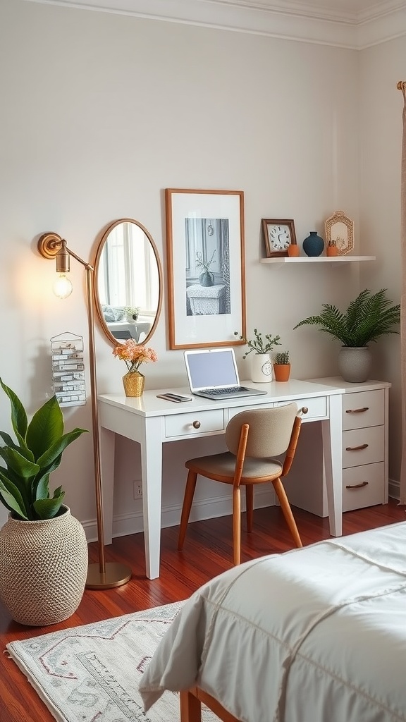 A cozy bedroom vanity and desk setup with a laptop, plants, and decorative items.