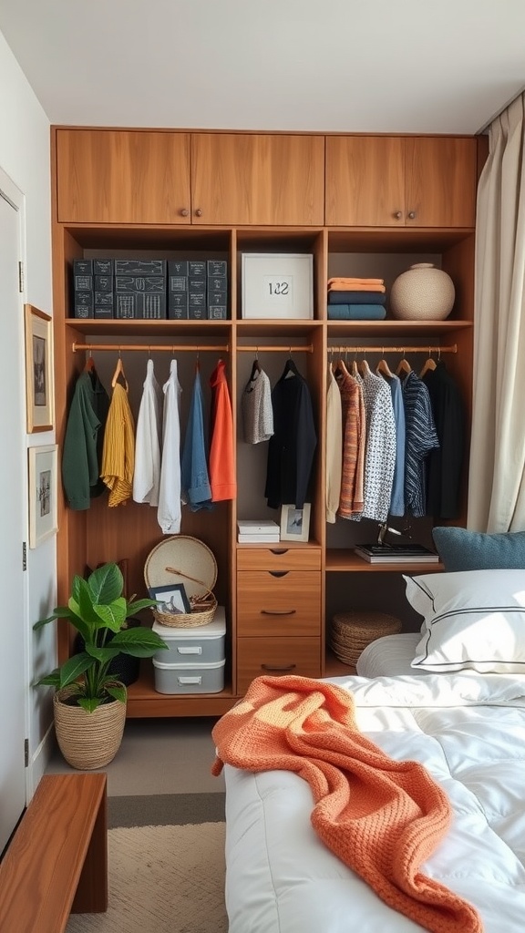 A cozy small bedroom featuring a stylish wardrobe with organized clothing, decorative items, and a touch of greenery.