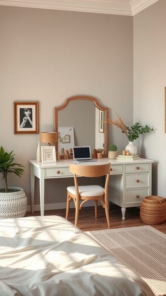 A cozy bedroom with a vanity and desk combo, featuring a laptop, plants, and decorative items.