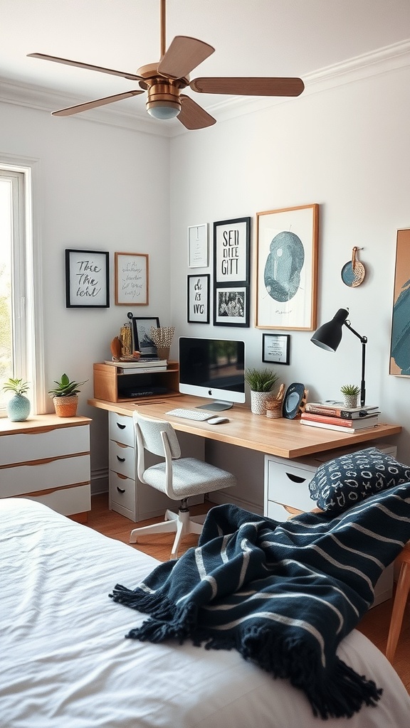 A cozy bedroom office with a wooden desk, computer, plants, and artwork on the walls.