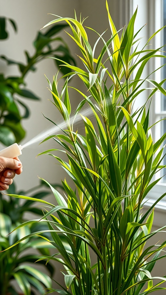 A person spraying a tall house plant with water to keep it healthy.