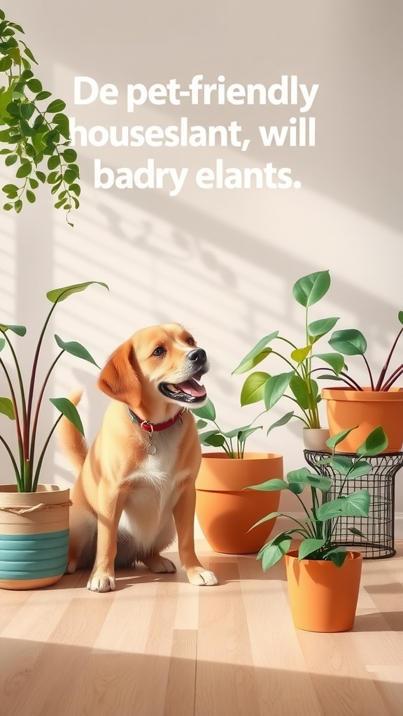 A cheerful dog sits among various pet-friendly houseplants in colorful pots, showcasing a cozy and vibrant indoor space.