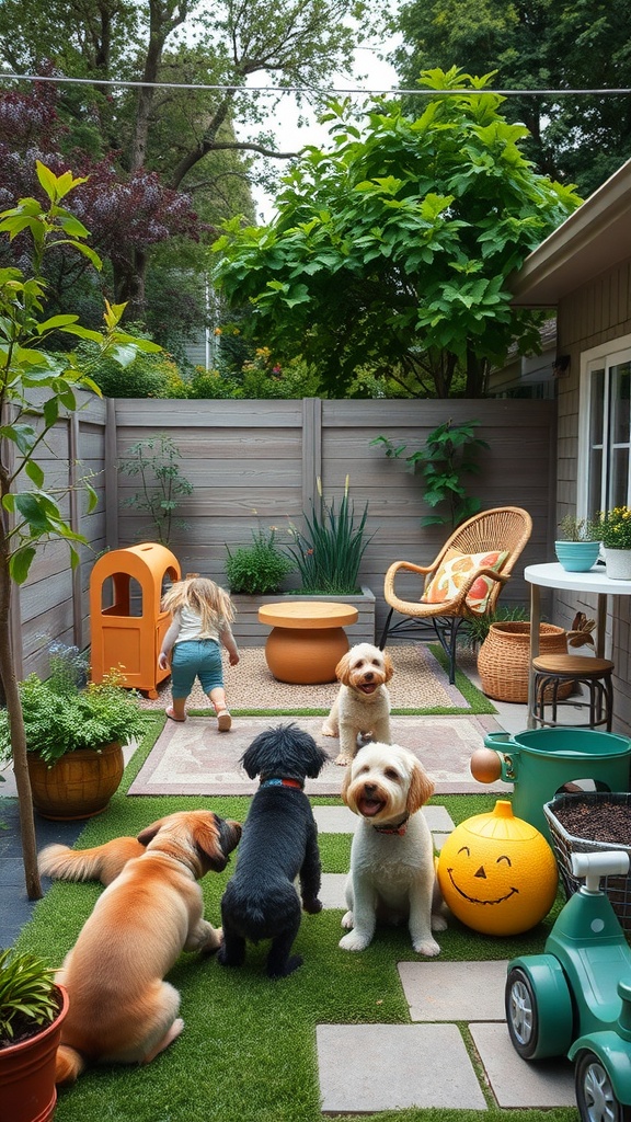 A backyard with a child playing and several dogs, showcasing a pet-friendly area.
