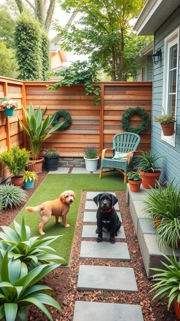 A small backyard featuring two dogs, decorative plants, stepping stones, and a cozy chair.