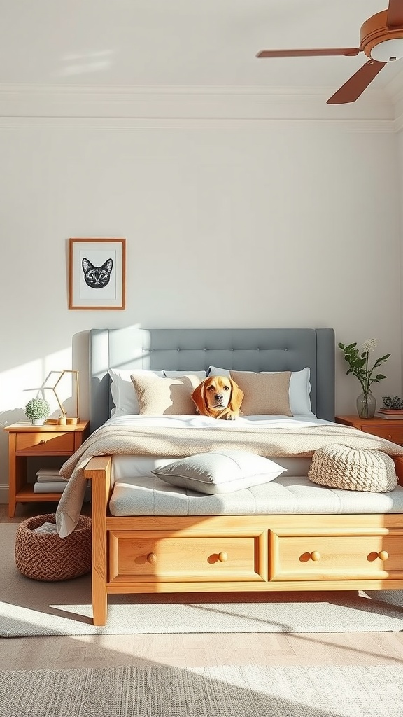 A cozy bedroom featuring a wooden pet-friendly bench at the end of the bed, with a dog resting peacefully on the bed.