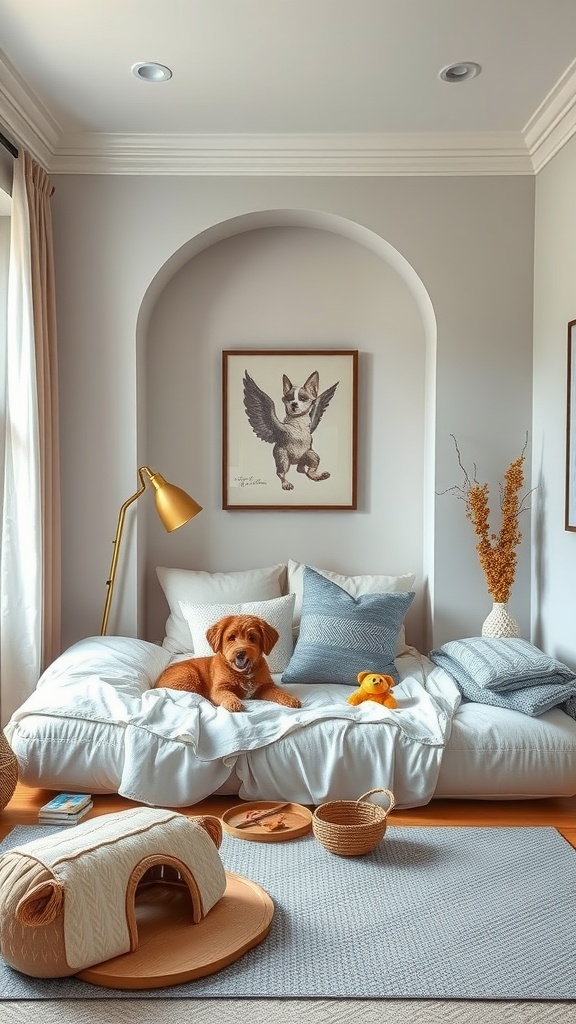 A cozy pet-friendly corner in a living room featuring a dog on a bed with pillows and toys.