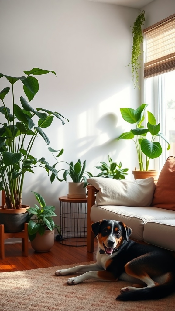 A cozy living room with a dog lounging on a rug, surrounded by various indoor plants.
