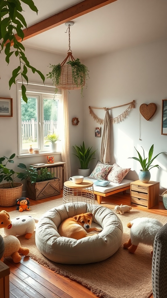 A cozy family room playroom featuring a pet bed, colorful toys, and plants, highlighting a pet-friendly atmosphere.