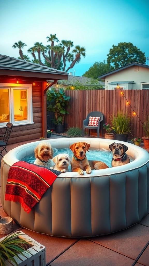 Four dogs enjoying a soak in an inflatable hot tub in a backyard setting.
