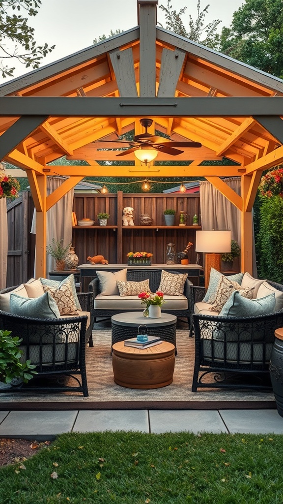 Cozy gazebo with comfortable seating and warm lighting, perfect for pets and relaxation.
