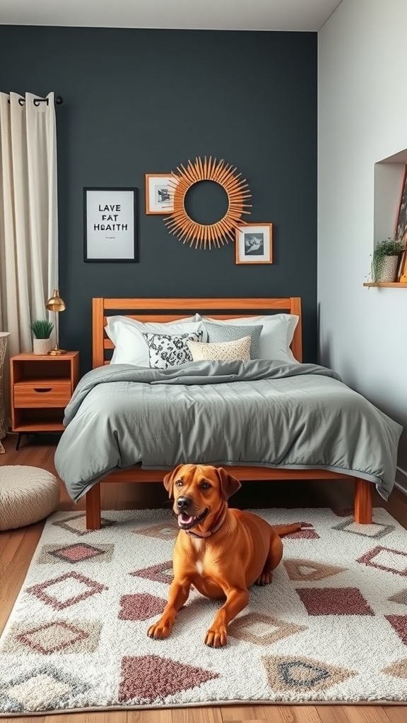 Cozy bedroom with a dog lying on a geometric-patterned rug