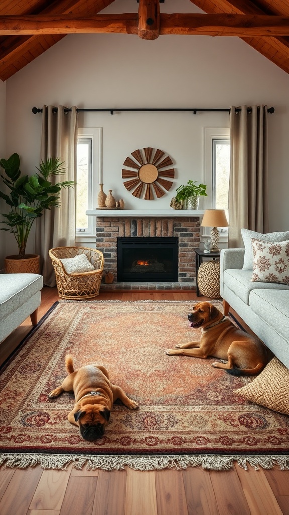 A cozy living room with two dogs lying on a patterned rug, featuring a fireplace and modern decor.
