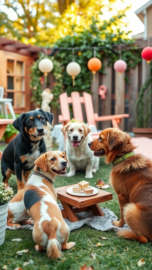 A group of four dogs gathered around a small table with treats in a backyard setting