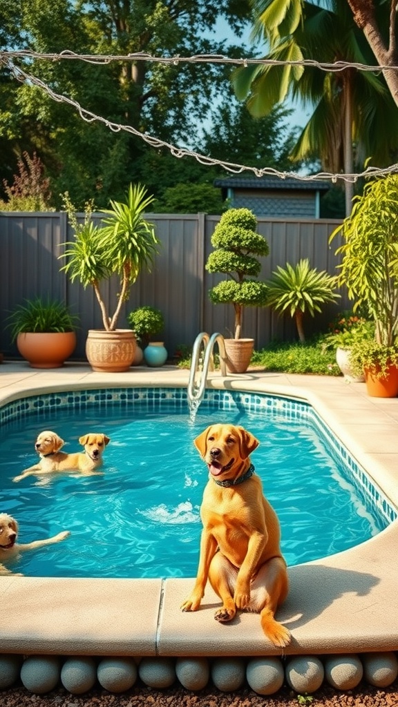 A dog relaxing by a small pool with other puppies swimming.