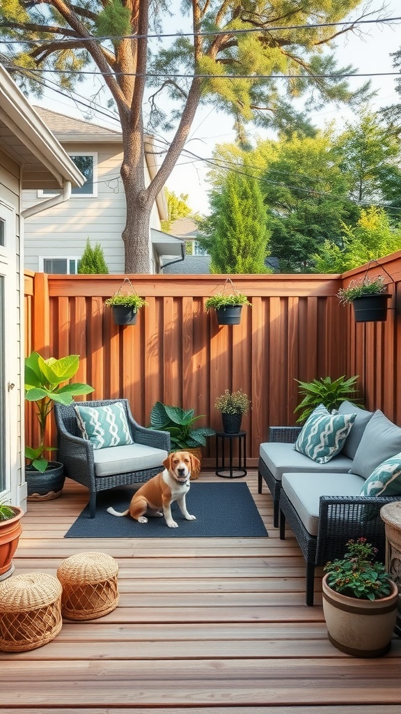 A cozy pet-friendly backyard deck with a beagle resting on a rug, surrounded by comfortable seating and plants.