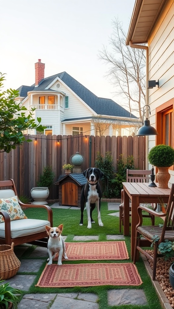 A cozy pet-friendly outdoor space featuring two dogs, a small dog and a large dog, with comfortable seating and a doghouse.