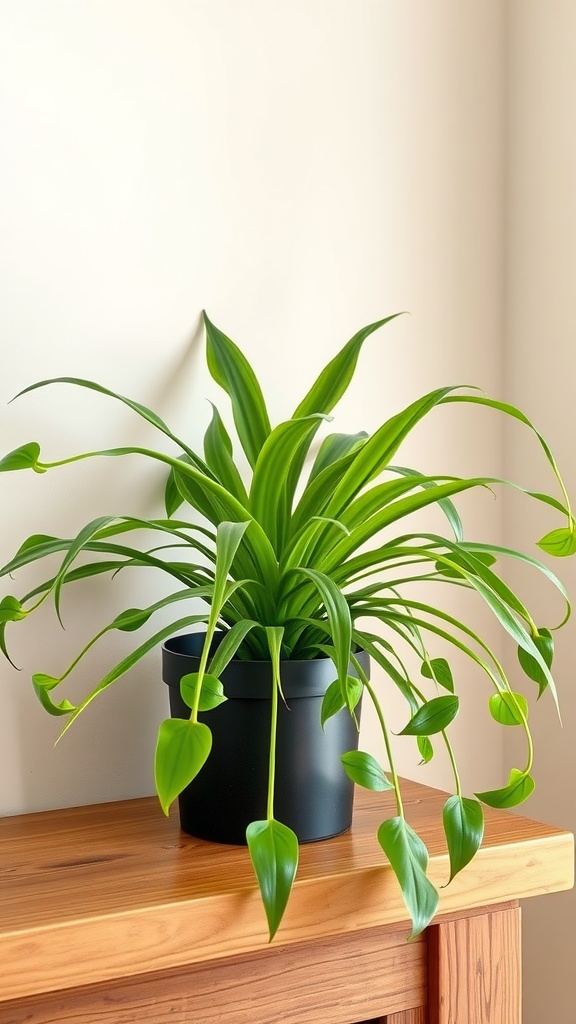 A lush Spider Plant in a black pot sitting on a wooden shelf.
