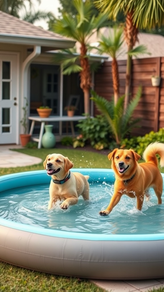 Two dogs playing in an inflatable pool in a backyard setting
