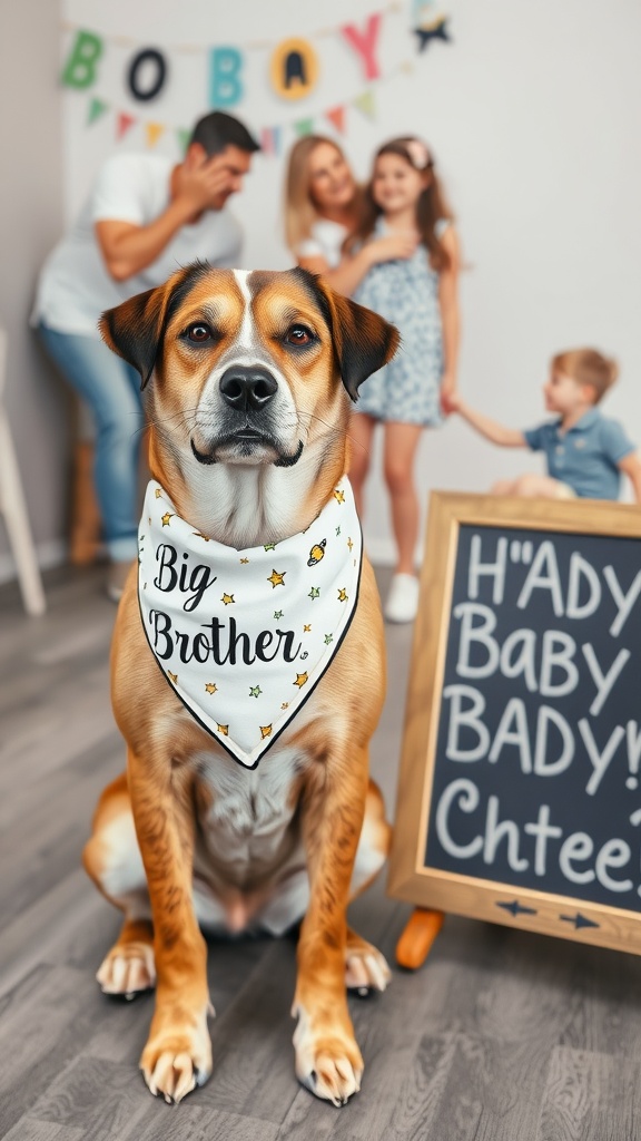 A dog wearing a 'Big Brother' bandana poses in front of a family celebrating a baby announcement.