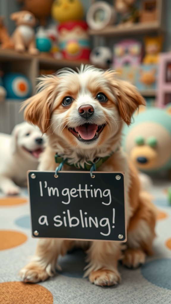 A dog holding a sign that says, 'I'm getting a sibling!' in a playful setting.