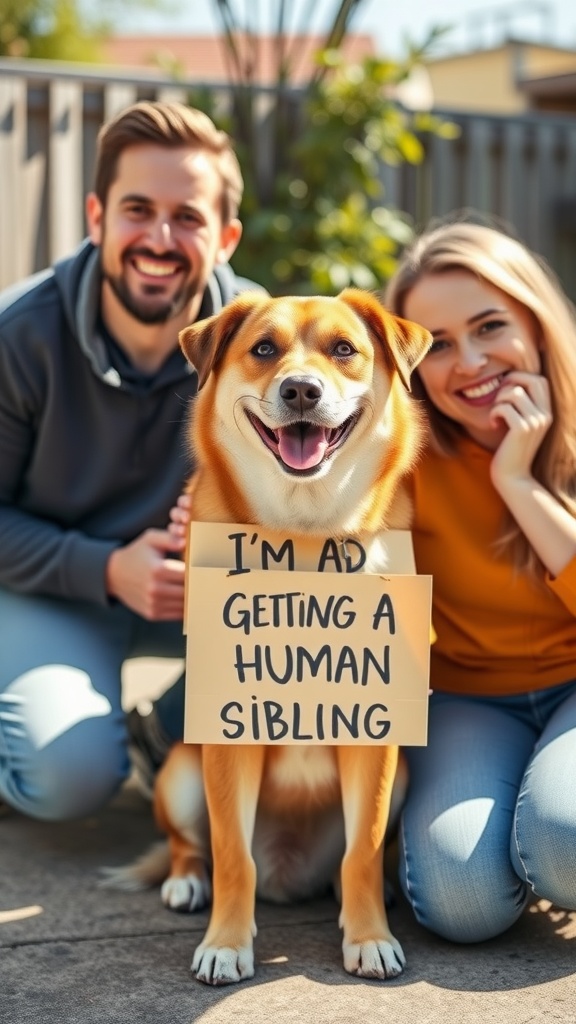A happy dog sitting with a sign saying 'I'm Ad Getting a Human Sibling' with a couple smiling beside it.