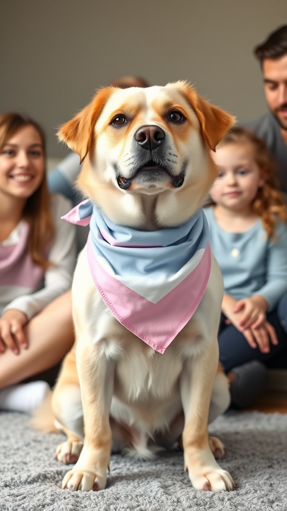 A dog wearing a blue and pink bandana with a family sitting behind.