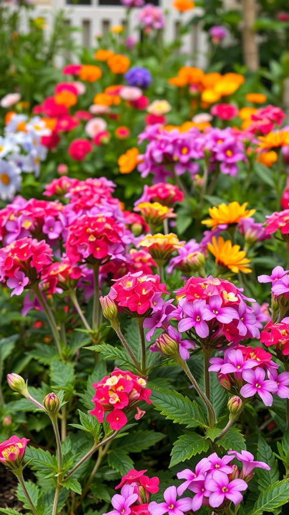 A vibrant display of pink, purple, and yellow flowers in a garden