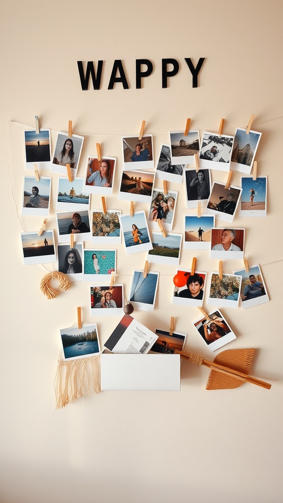 A wall decorated with photos attached by clips, featuring the word 'WAPPY' at the top.
