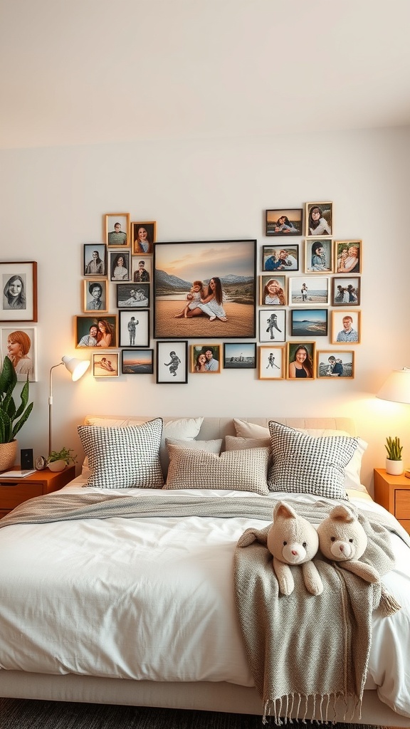 A cozy bedroom with a photo collage display on the wall, featuring various framed pictures arranged around a central image.