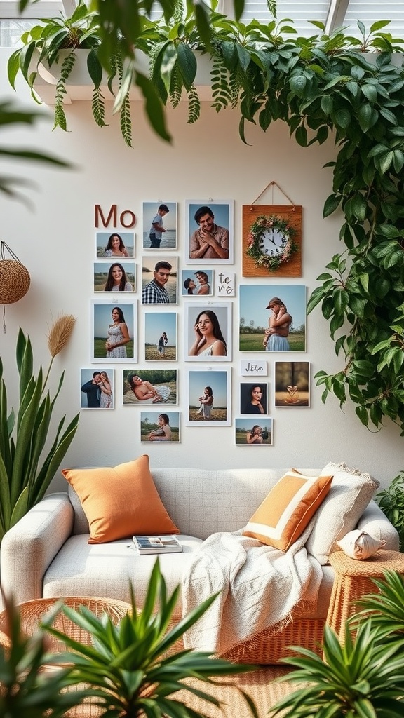 A photo collage of a mom’s journey decorated with greenery, showcasing moments of pregnancy and love.