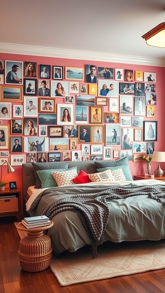 A vibrant photo collage wall filled with framed pictures in a cozy bedroom.