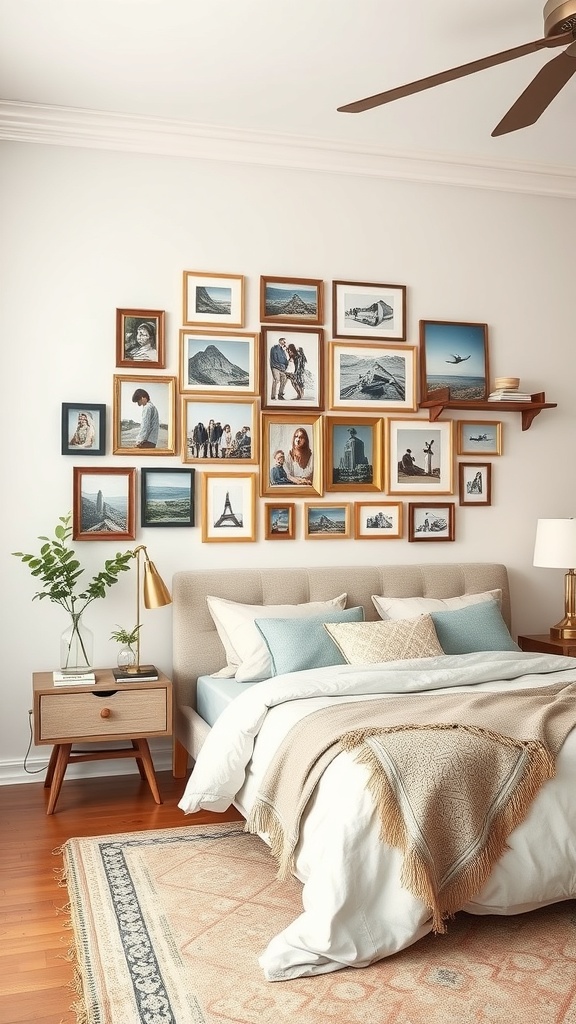 A cozy bedroom featuring a photo collage wall with various framed pictures above a bed.