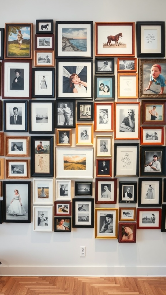Gallery wall featuring various photo frames in different styles and sizes.