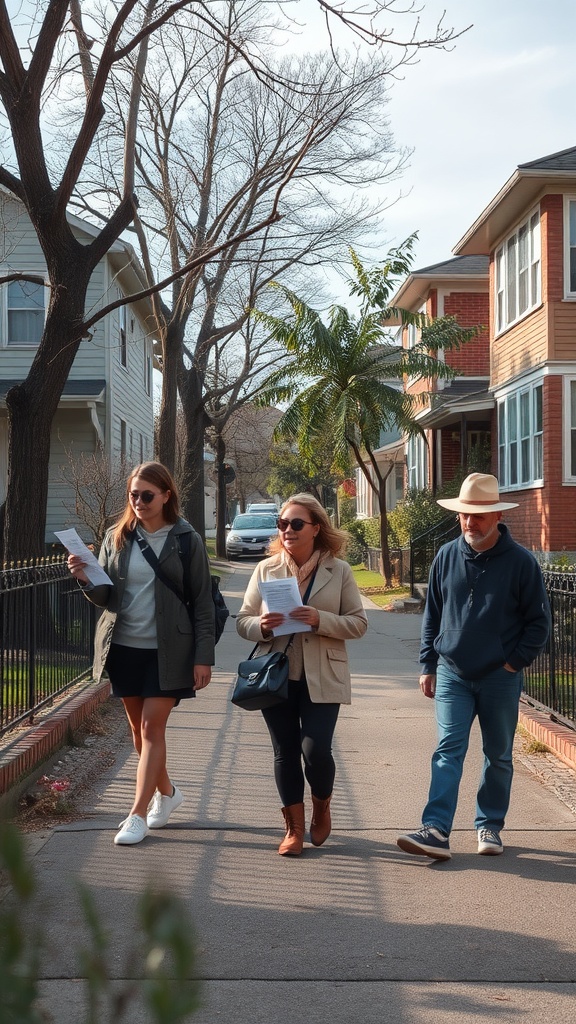Three people participating in a photo scavenger hunt, walking down a residential street.